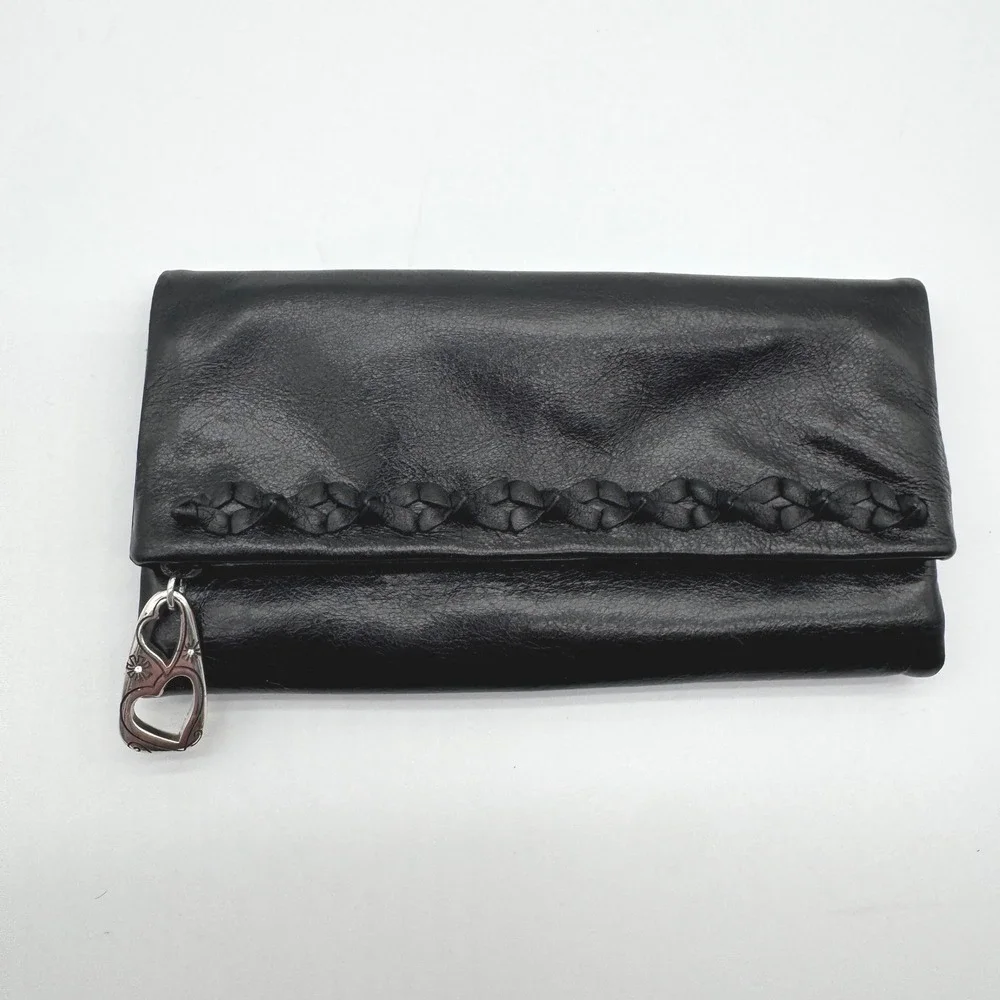 Brighton Black Leather Trifold Wallet Clutch‎ with Heart Charm Floral Detail